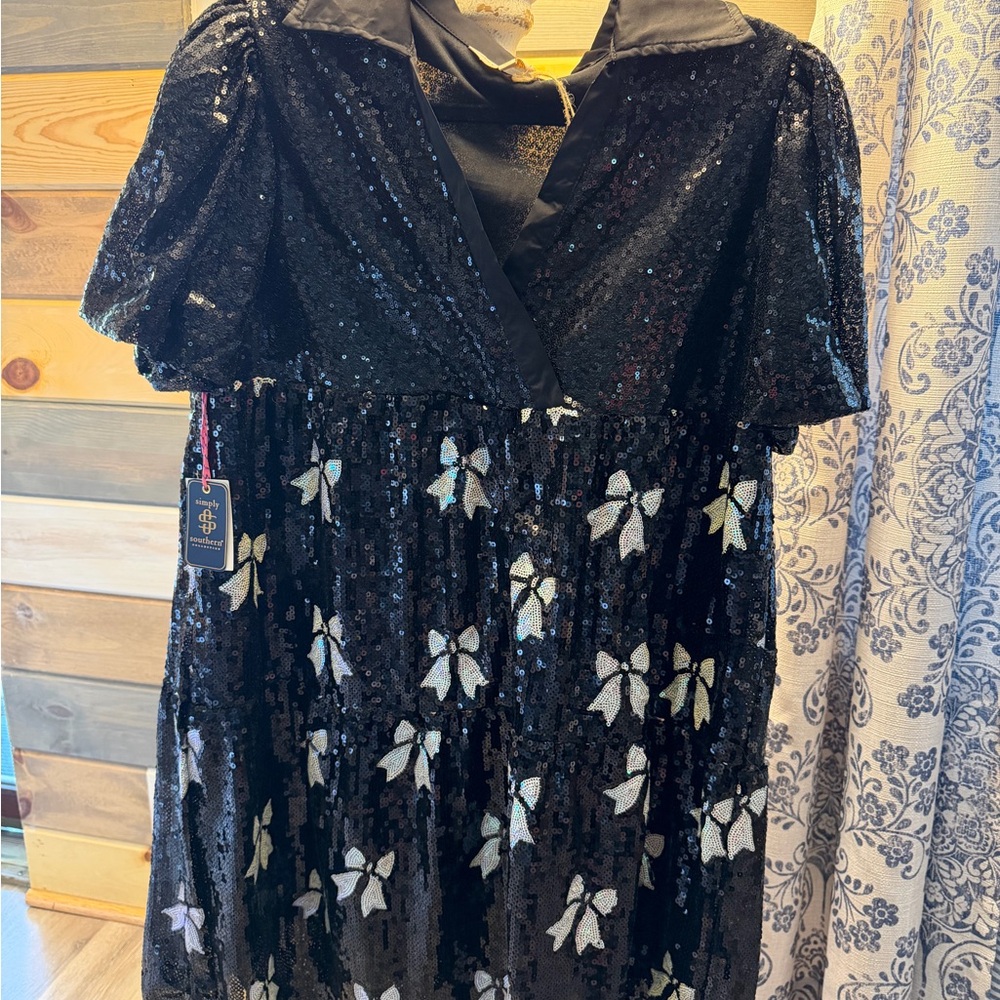 Simply Southern Black Sequin Mini Dress with White Bow Accents